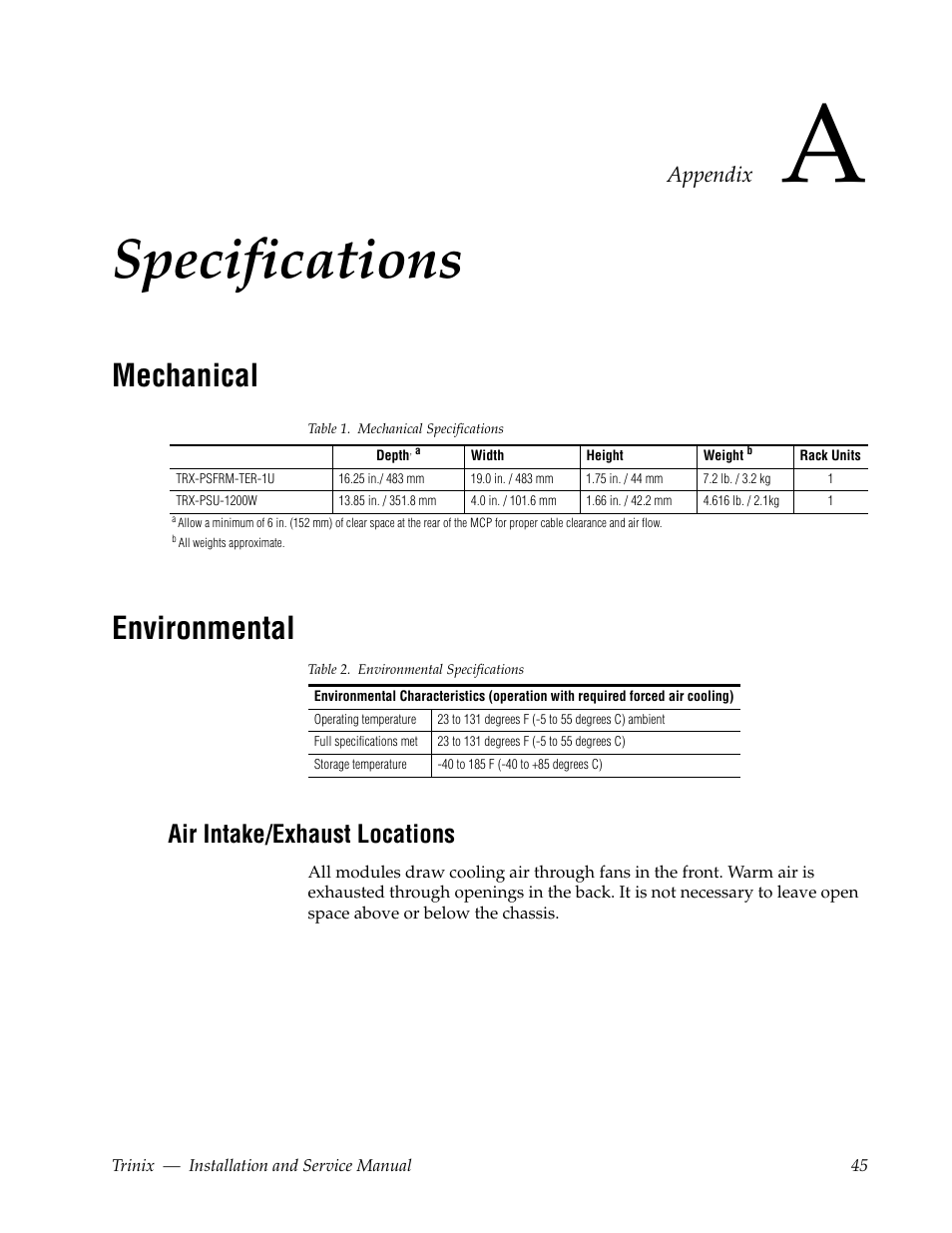 Specifications, Mechanical, Environmental | Air intake/exhaust locations, Appendix a — specifications, Mechanical environmental | Grass Valley Trinix Back-Up Power Supplies Nov 16 2012 User Manual | Page 45 / 46