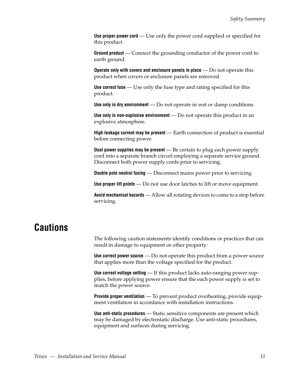 Cautions | Grass Valley Trinix Back-Up Power Supplies Jan 13 2012 User Manual | Page 11 / 52