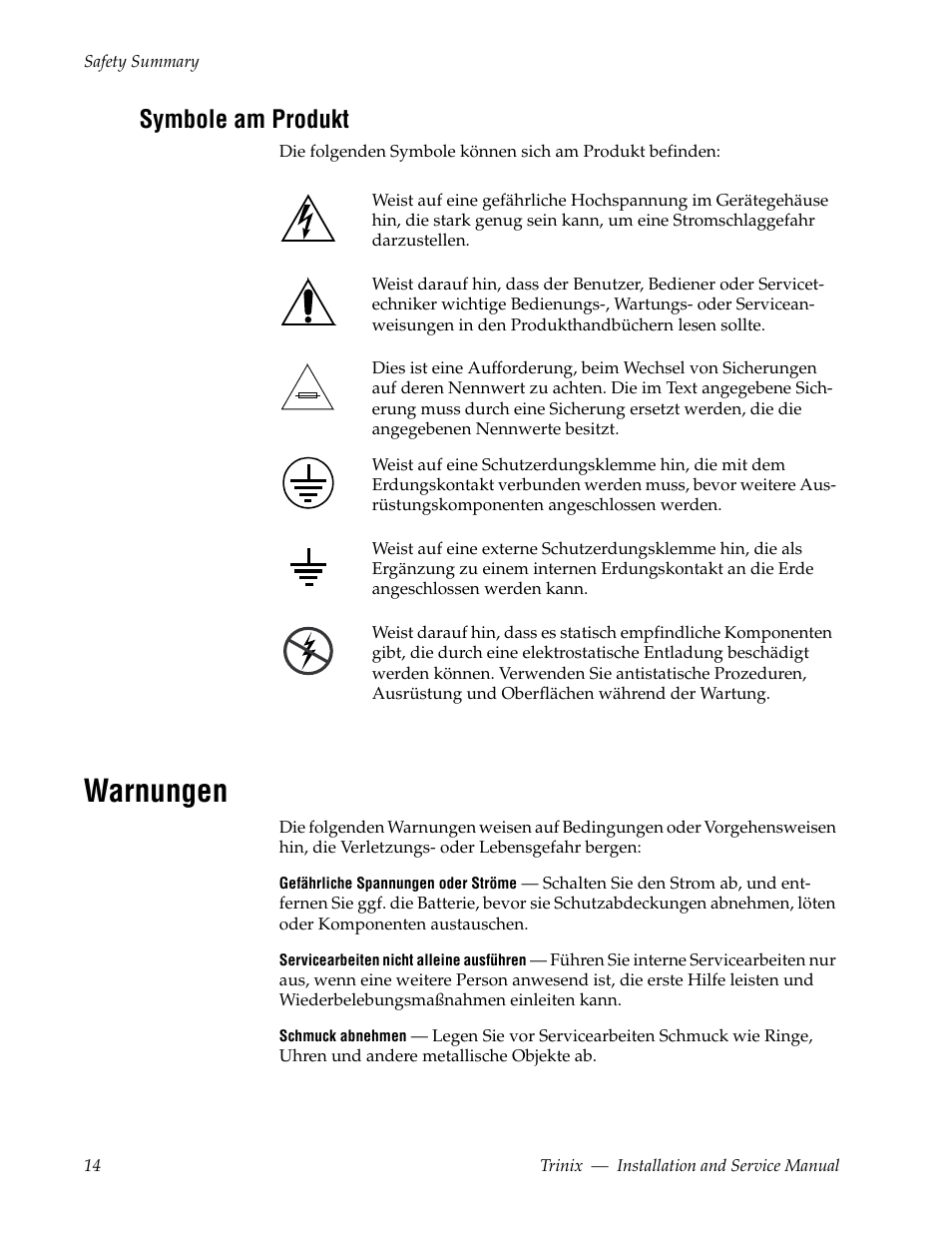 Warnungen, Symbole am produkt | Grass Valley Trinix Back-Up Power Supplies Jan 13 2012 User Manual | Page 14 / 52