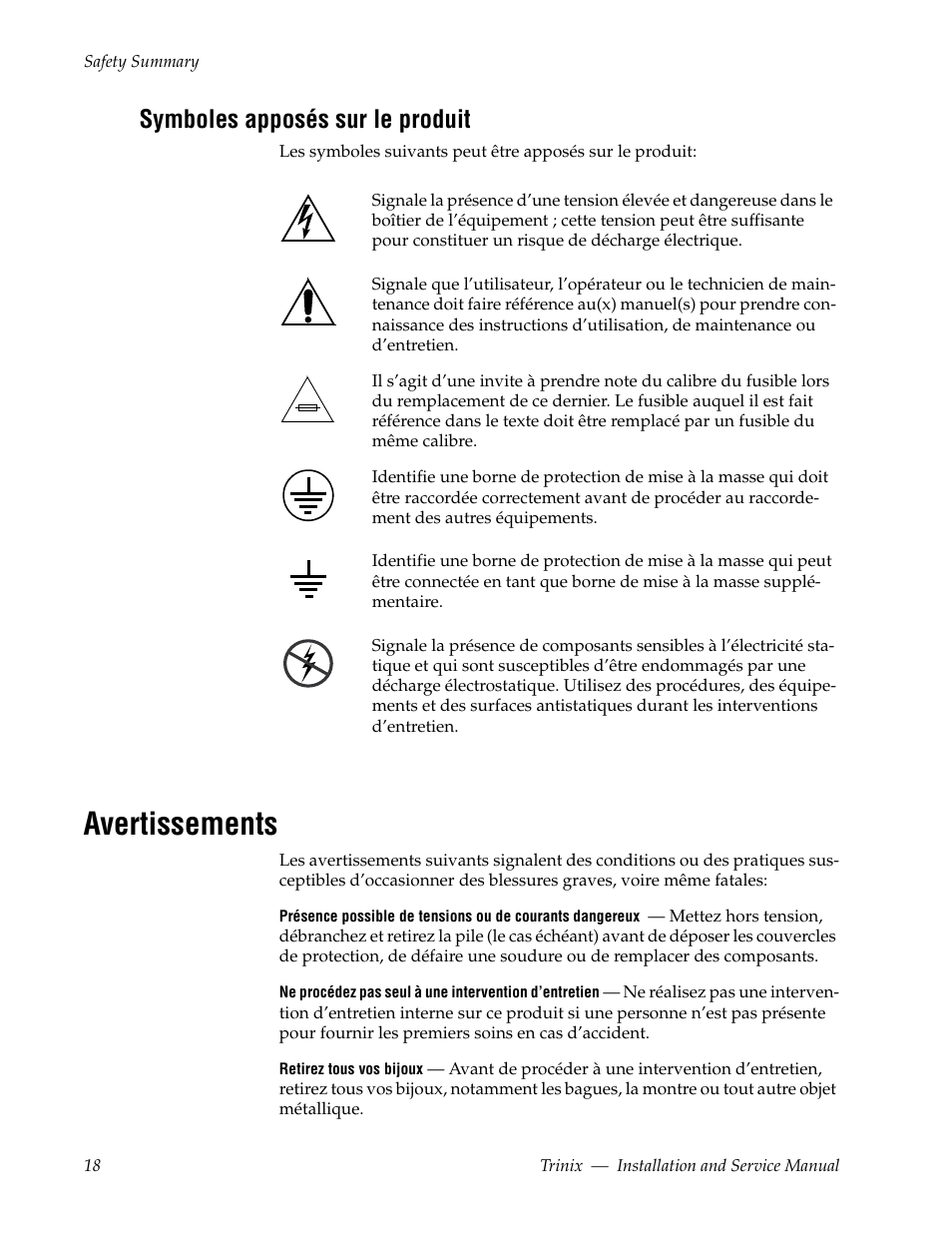Avertissements, Symboles apposés sur le produit | Grass Valley Trinix Back-Up Power Supplies Jan 13 2012 User Manual | Page 18 / 52