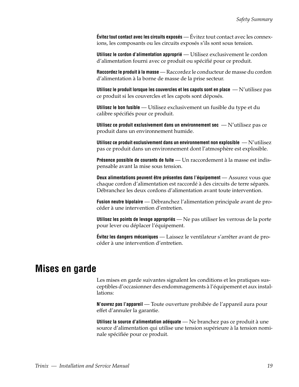 Mises en garde | Grass Valley Trinix Back-Up Power Supplies Jan 13 2012 User Manual | Page 19 / 52