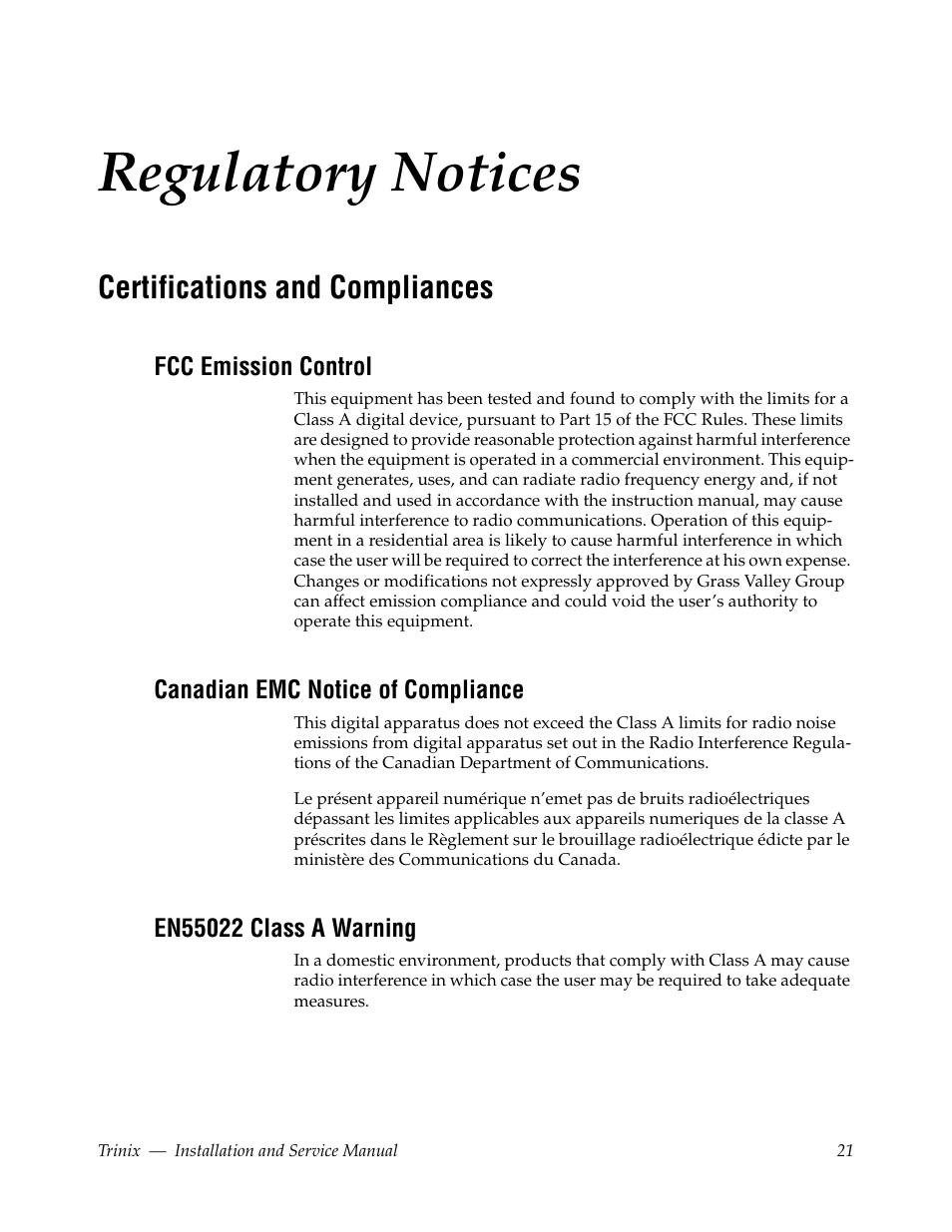 Regulatory notices, Certifications and compliances, Fcc emission control | Canadian emc notice of compliance, En55022 class a warning | Grass Valley Trinix Back-Up Power Supplies Jan 13 2012 User Manual | Page 21 / 52