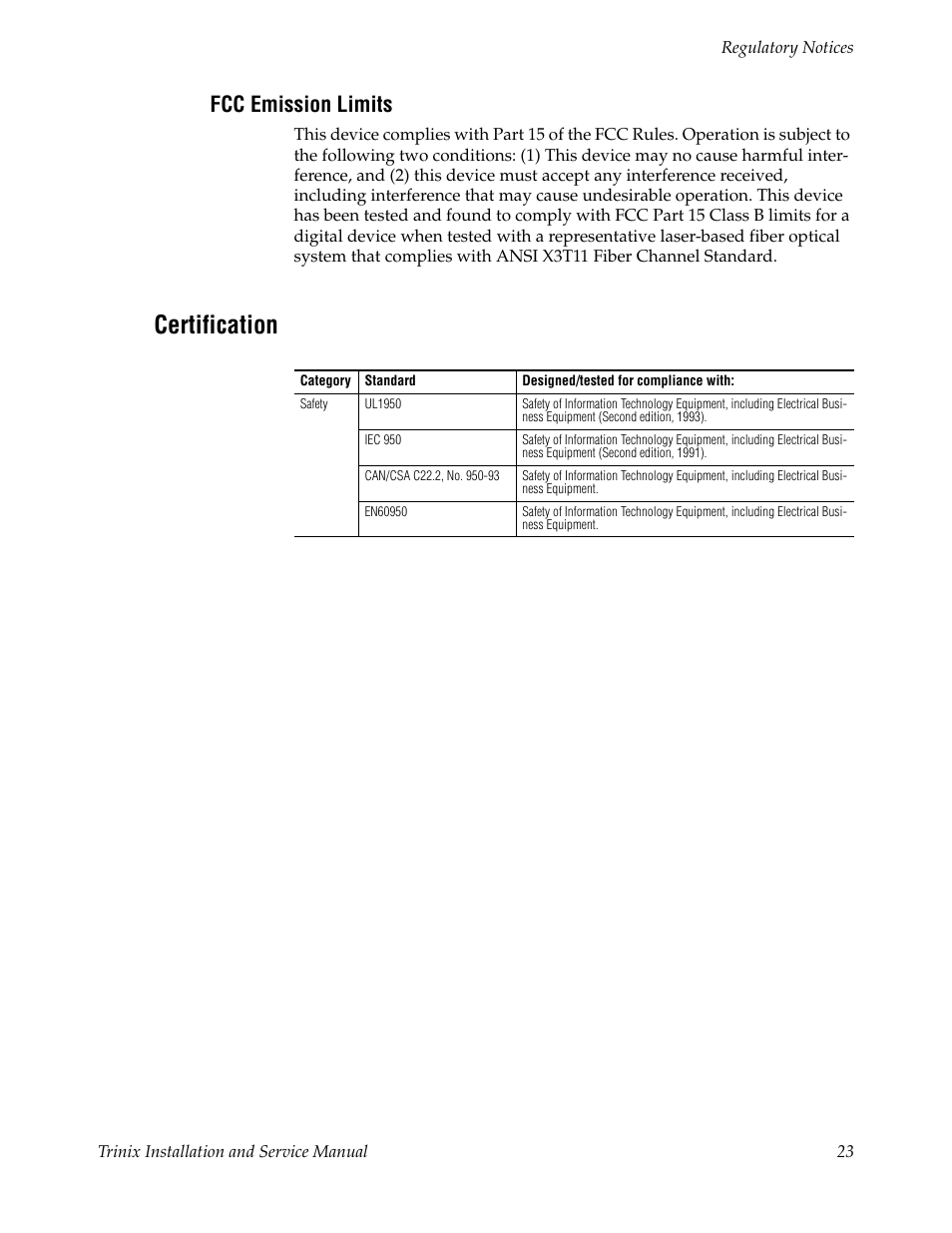 Fcc emission limits, Certification | Grass Valley Trinix Back-Up Power Supplies Jan 13 2012 User Manual | Page 23 / 52