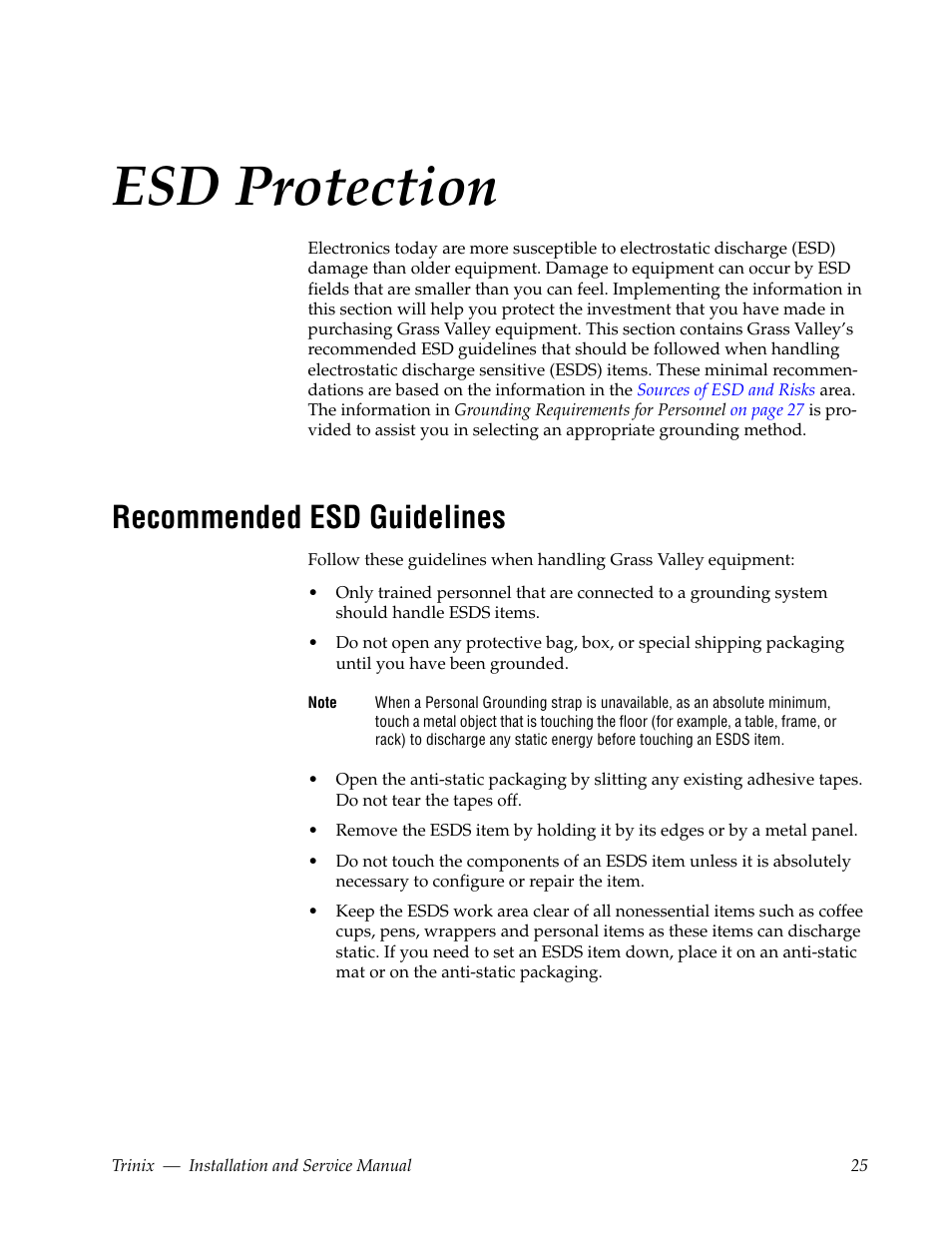 Esd protection, Recommended esd guidelines | Grass Valley Trinix Back-Up Power Supplies Jan 13 2012 User Manual | Page 25 / 52
