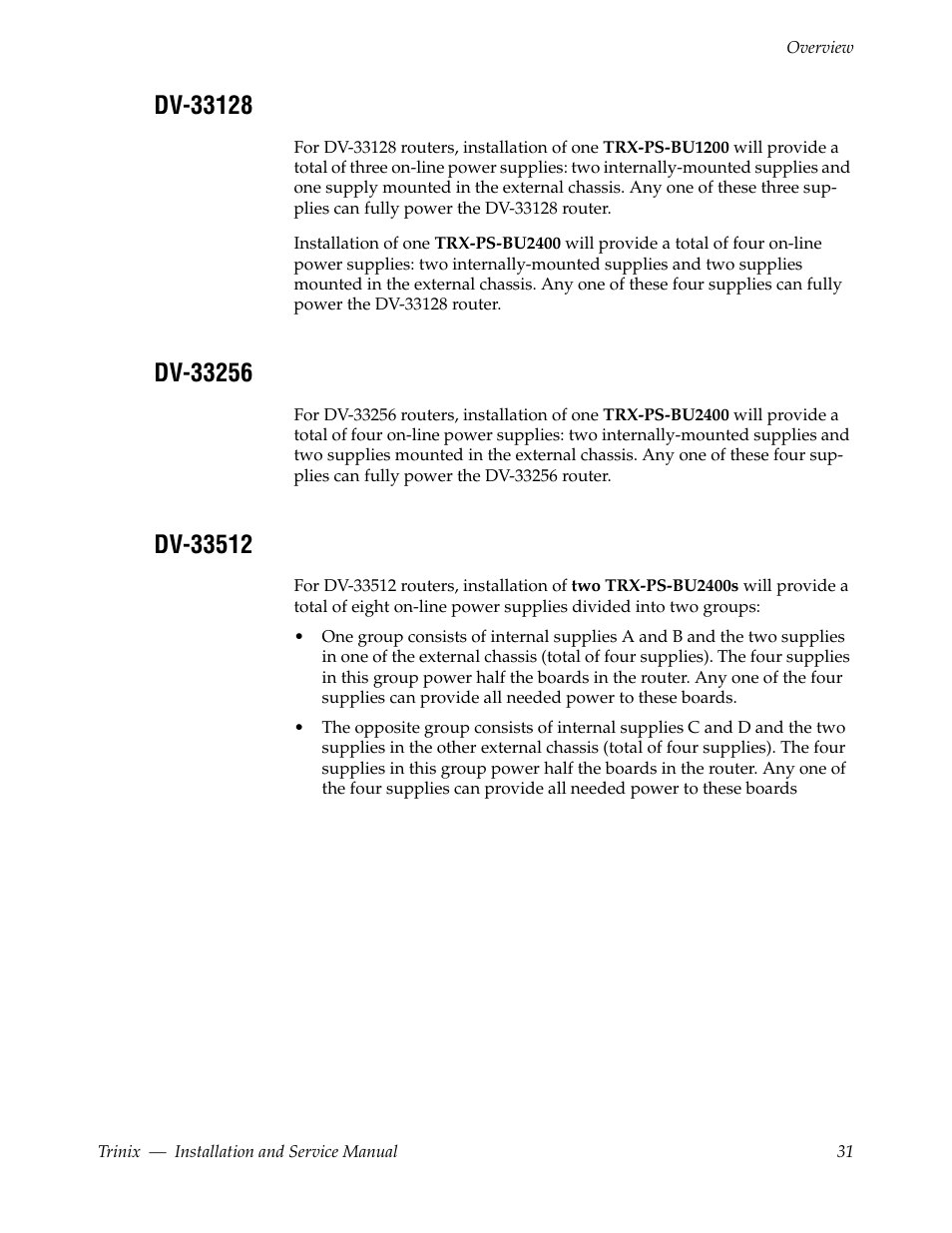 Dv-33128, Dv-33256, Dv-33512 | Grass Valley Trinix Back-Up Power Supplies Jan 13 2012 User Manual | Page 31 / 52