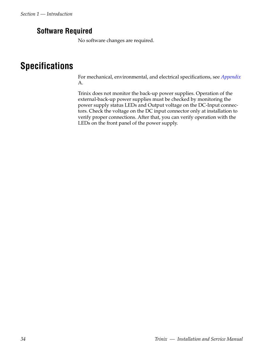 Software required, Specifications | Grass Valley Trinix Back-Up Power Supplies Jan 13 2012 User Manual | Page 34 / 52