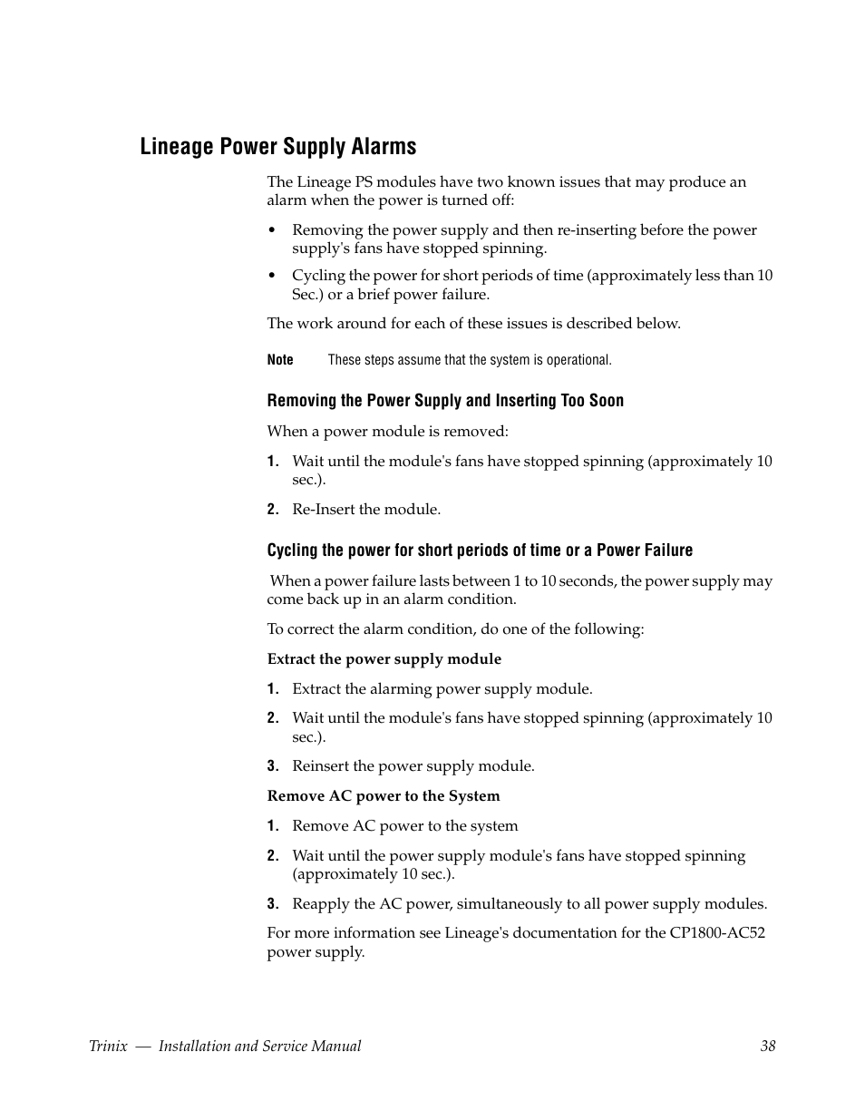 Lineage power supply alarms | Grass Valley Trinix Back-Up Power Supplies Jan 13 2012 User Manual | Page 38 / 52