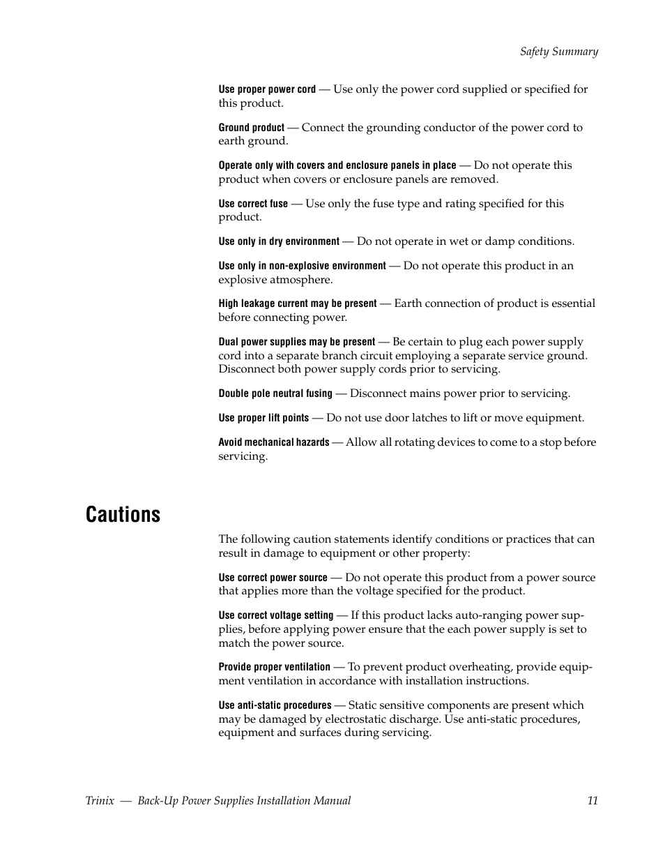Cautions | Grass Valley Trinix Back-Up Power Supplies Apr 13 2010 User Manual | Page 11 / 44