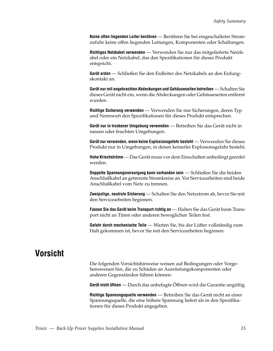 Vorsicht | Grass Valley Trinix Back-Up Power Supplies Apr 13 2010 User Manual | Page 15 / 44