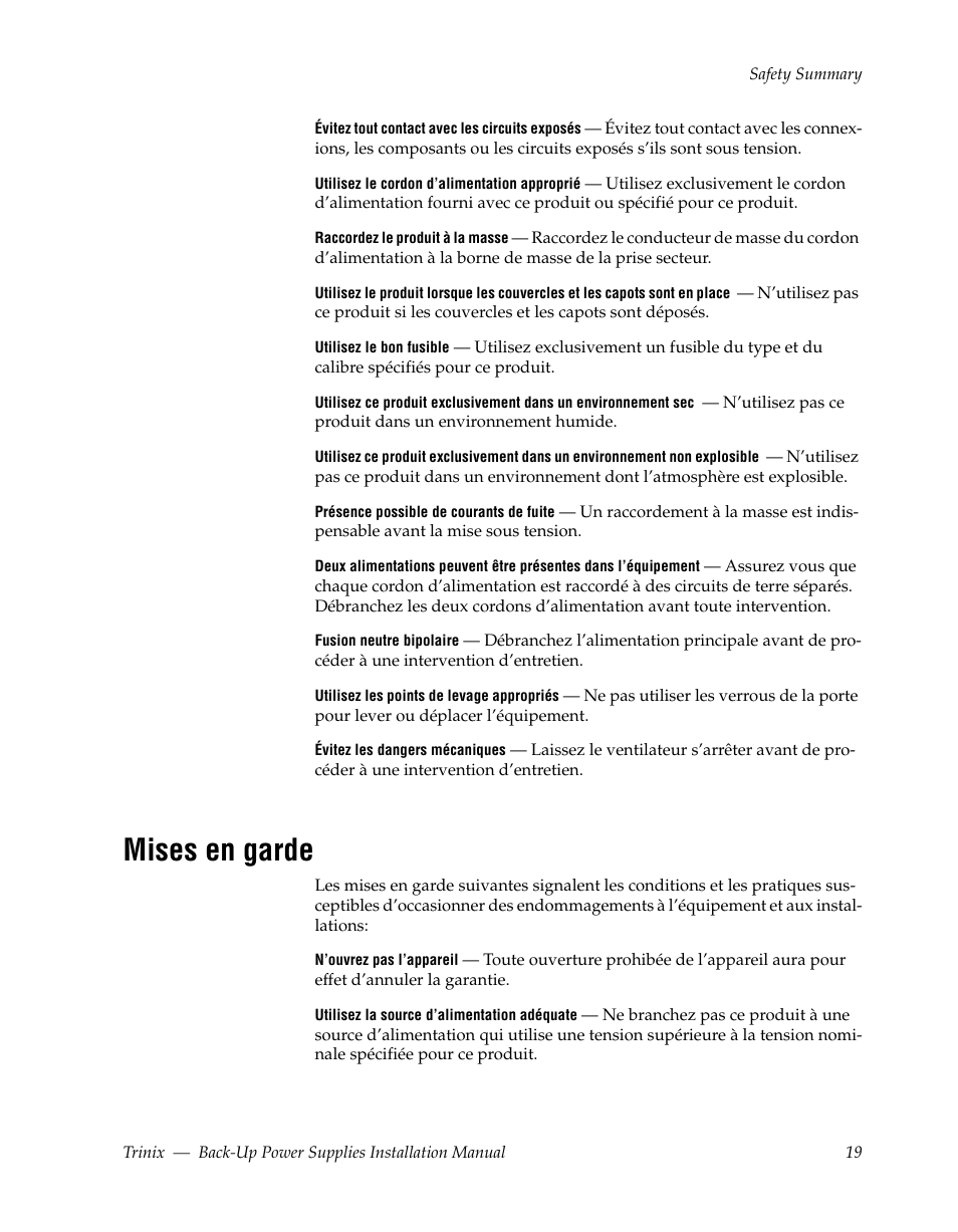 Mises en garde | Grass Valley Trinix Back-Up Power Supplies Apr 13 2010 User Manual | Page 19 / 44