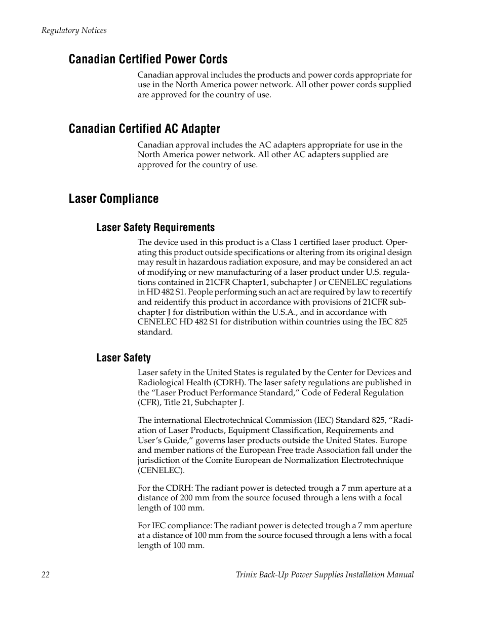 Canadian certified power cords, Canadian certified ac adapter, Laser compliance | Laser safety requirements, Laser safety | Grass Valley Trinix Back-Up Power Supplies Apr 13 2010 User Manual | Page 22 / 44