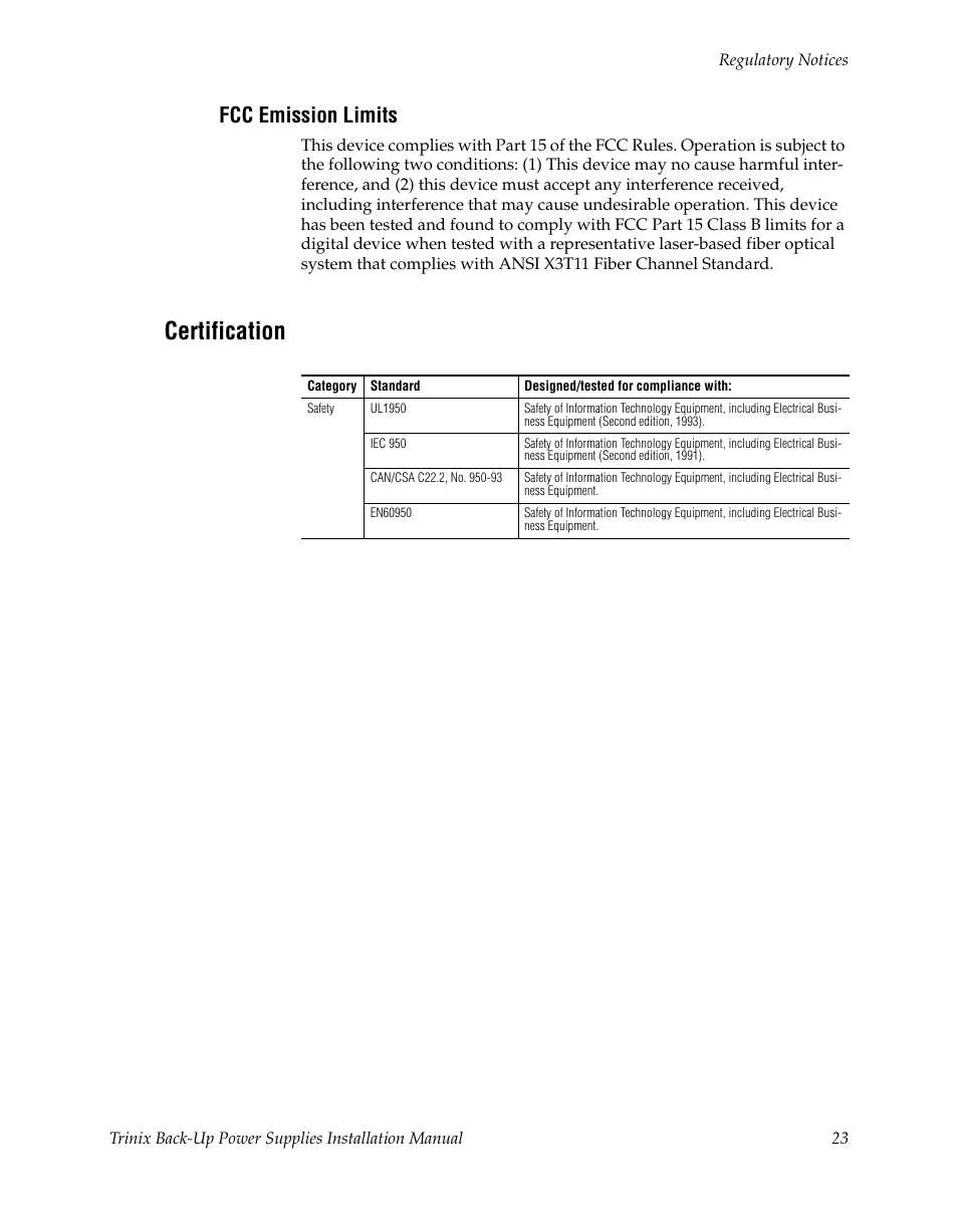 Fcc emission limits, Certification | Grass Valley Trinix Back-Up Power Supplies Apr 13 2010 User Manual | Page 23 / 44