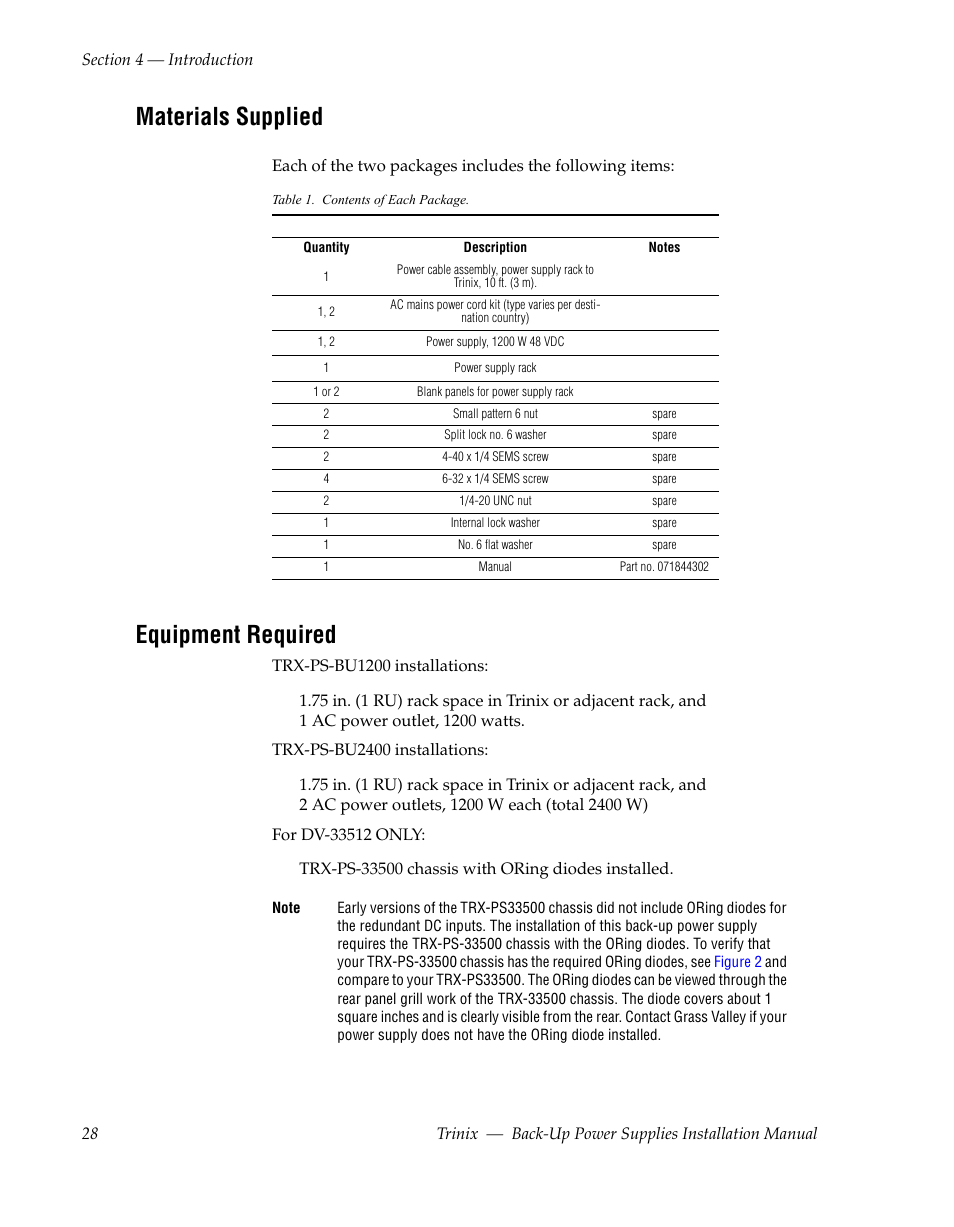 Materials supplied, Equipment required | Grass Valley Trinix Back-Up Power Supplies Apr 13 2010 User Manual | Page 28 / 44