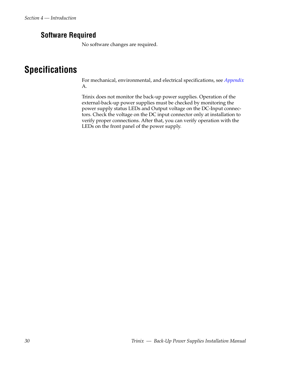 Software required, Specifications | Grass Valley Trinix Back-Up Power Supplies Apr 13 2010 User Manual | Page 30 / 44