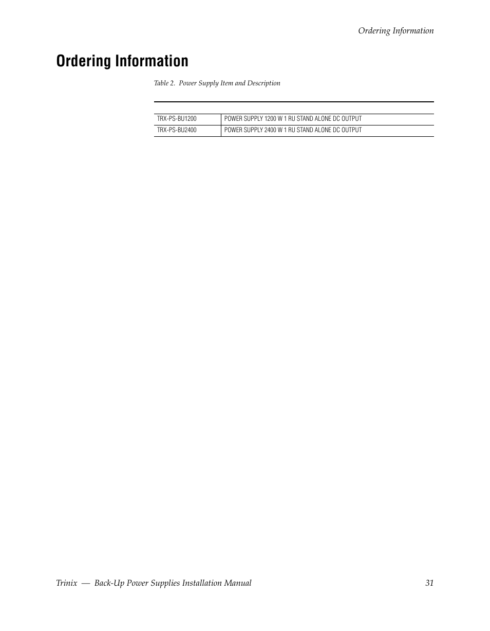 Ordering information | Grass Valley Trinix Back-Up Power Supplies Apr 13 2010 User Manual | Page 31 / 44