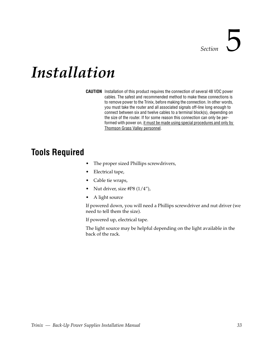 Installation, Tools required, Section 5 — installation | Grass Valley Trinix Back-Up Power Supplies Apr 13 2010 User Manual | Page 33 / 44