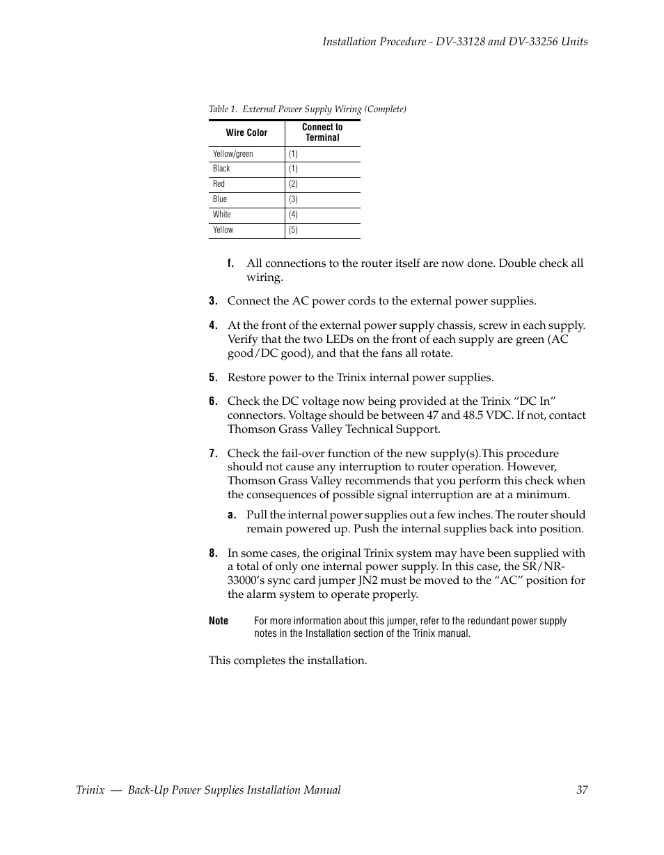 Table 1 | Grass Valley Trinix Back-Up Power Supplies Apr 13 2010 User Manual | Page 37 / 44