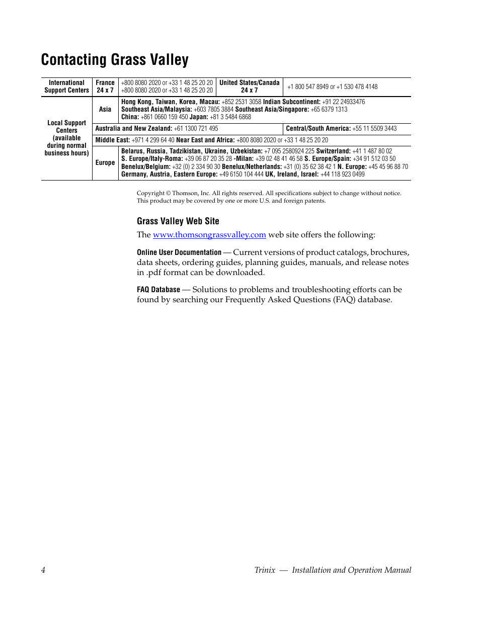 Contacting grass valley | Grass Valley Trinix Back-Up Power Supplies Apr 13 2010 User Manual | Page 4 / 44