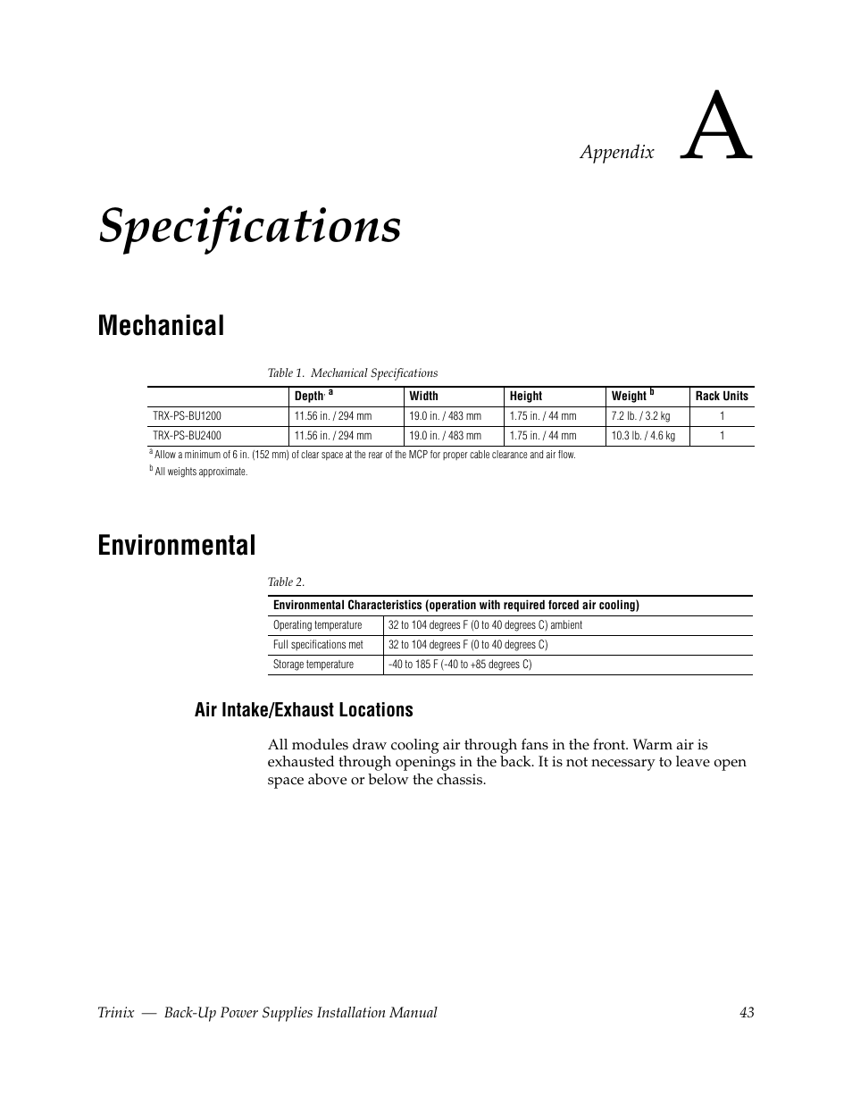 Specifications, Mechanical, Environmental | Air intake/exhaust locations, Appendix a — specifications, Appendix | Grass Valley Trinix Back-Up Power Supplies Apr 13 2010 User Manual | Page 43 / 44