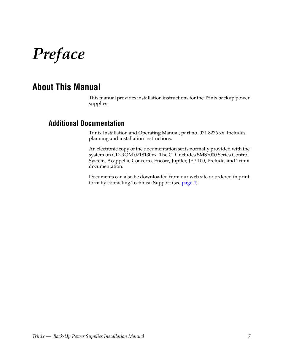 Preface, About this manual, Additional documentation | Grass Valley Trinix Back-Up Power Supplies Apr 13 2010 User Manual | Page 7 / 44
