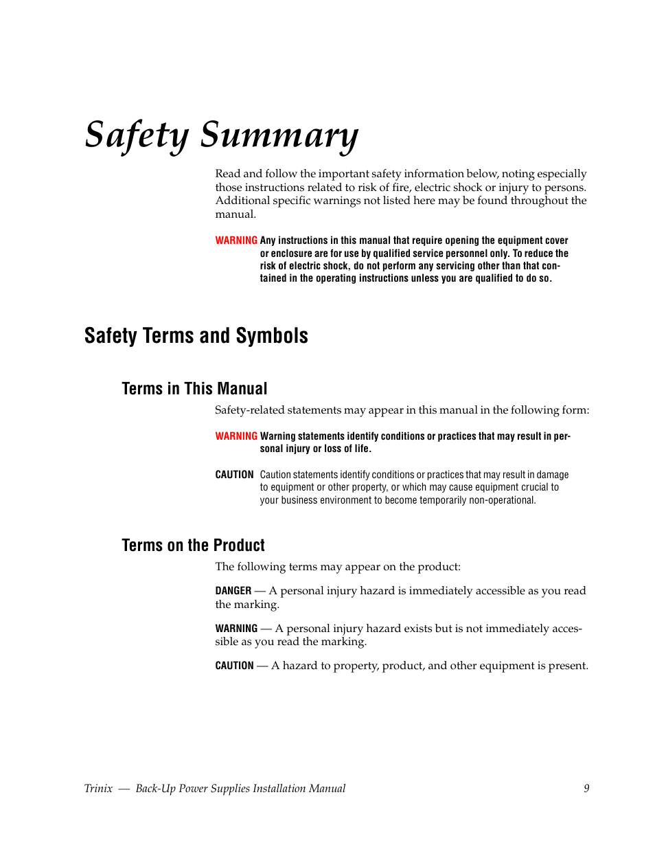 Safety summary, Safety terms and symbols, Terms in this manual | Terms on the product | Grass Valley Trinix Back-Up Power Supplies Apr 13 2010 User Manual | Page 9 / 44