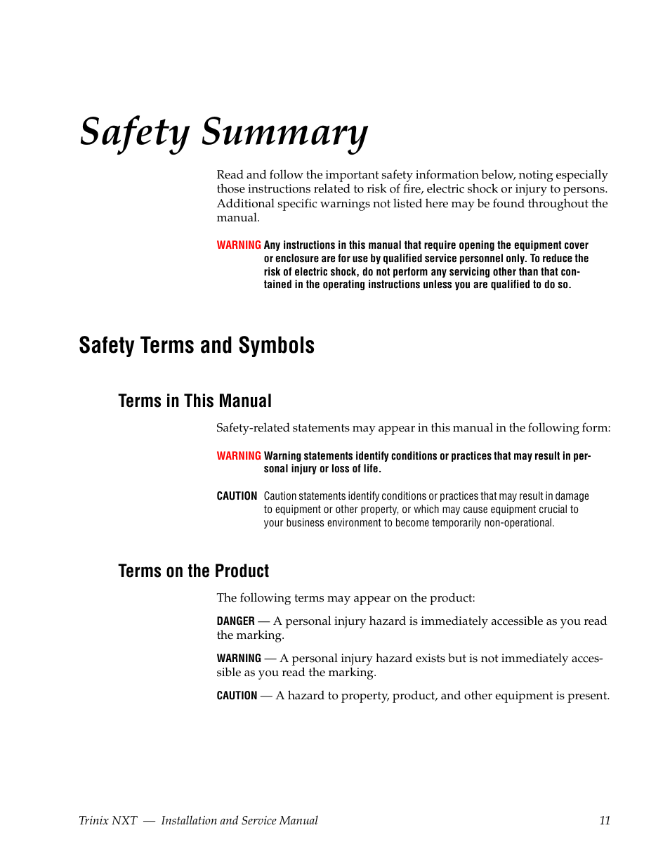Safety summary, Safety terms and symbols, Terms in this manual | Terms on the product | Grass Valley Trinix NXT v.3.3.1 User Manual | Page 11 / 453