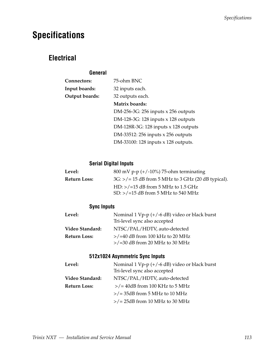 Specifications, Electrical | Grass Valley Trinix NXT v.3.3.1 User Manual | Page 113 / 453