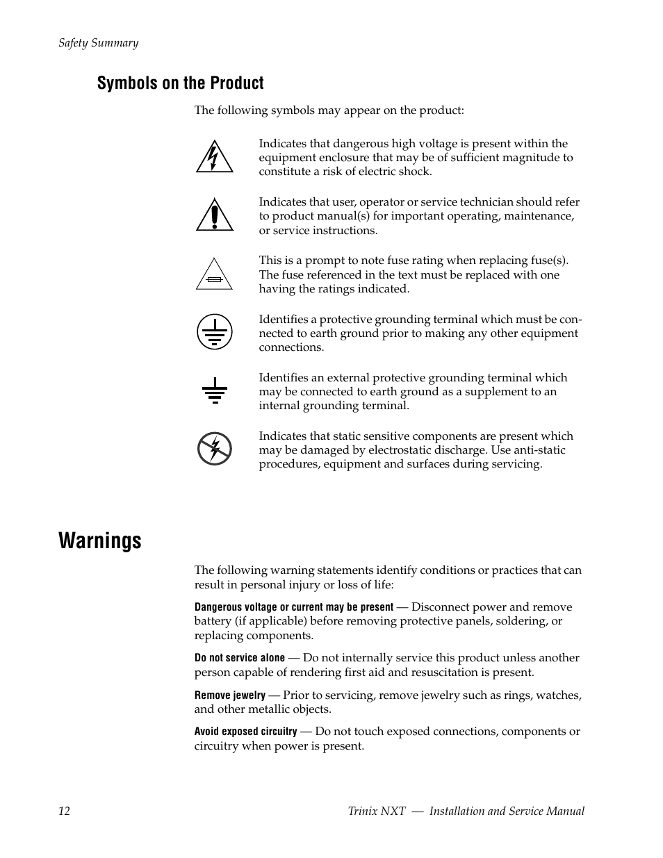 Symbols on the product, Warnings | Grass Valley Trinix NXT v.3.3.1 User Manual | Page 12 / 453