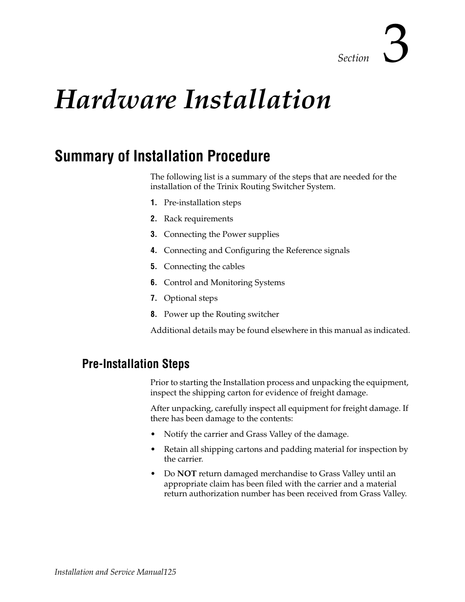 Hardware installation, Summary of installation procedure, Pre-installation steps | Section 3 — hardware installation | Grass Valley Trinix NXT v.3.3.1 User Manual | Page 125 / 453