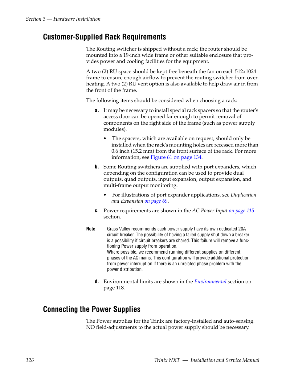 Customer-supplied rack requirements, Connecting the power supplies | Grass Valley Trinix NXT v.3.3.1 User Manual | Page 126 / 453