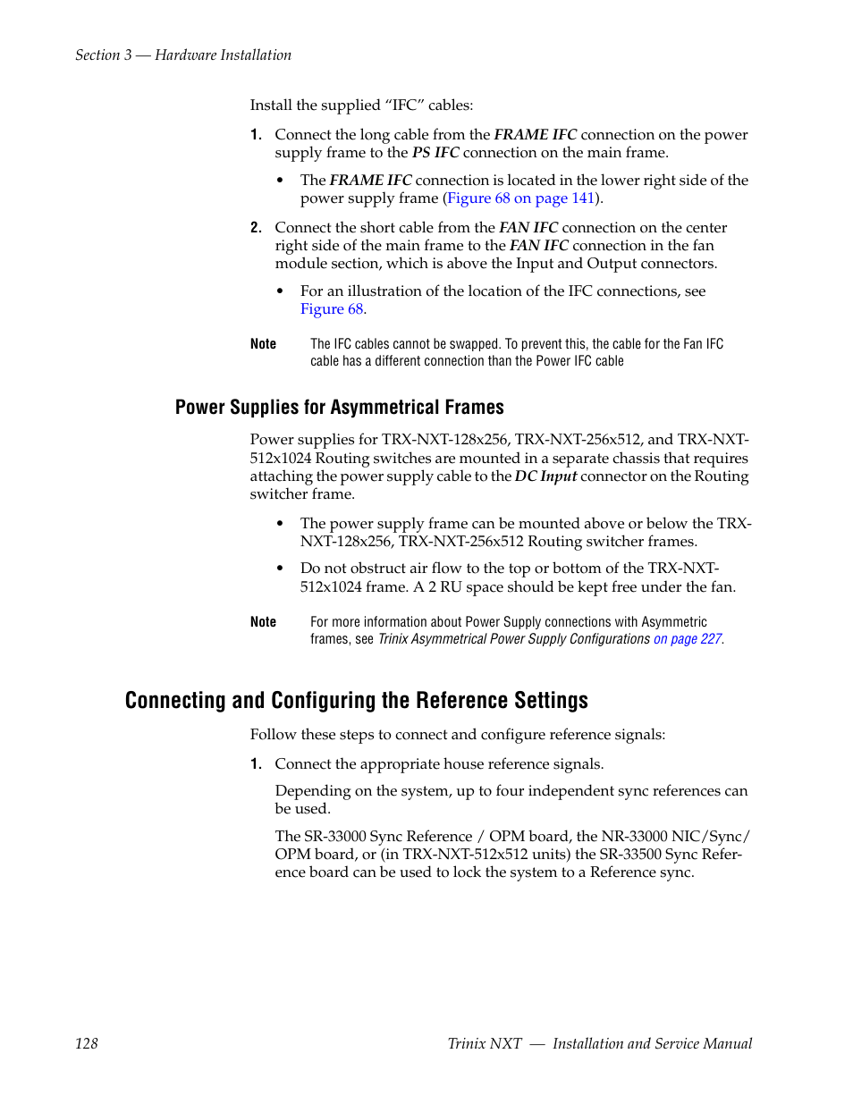 Power supplies for asymmetrical frames, Connecting and configuring the reference settings | Grass Valley Trinix NXT v.3.3.1 User Manual | Page 128 / 453