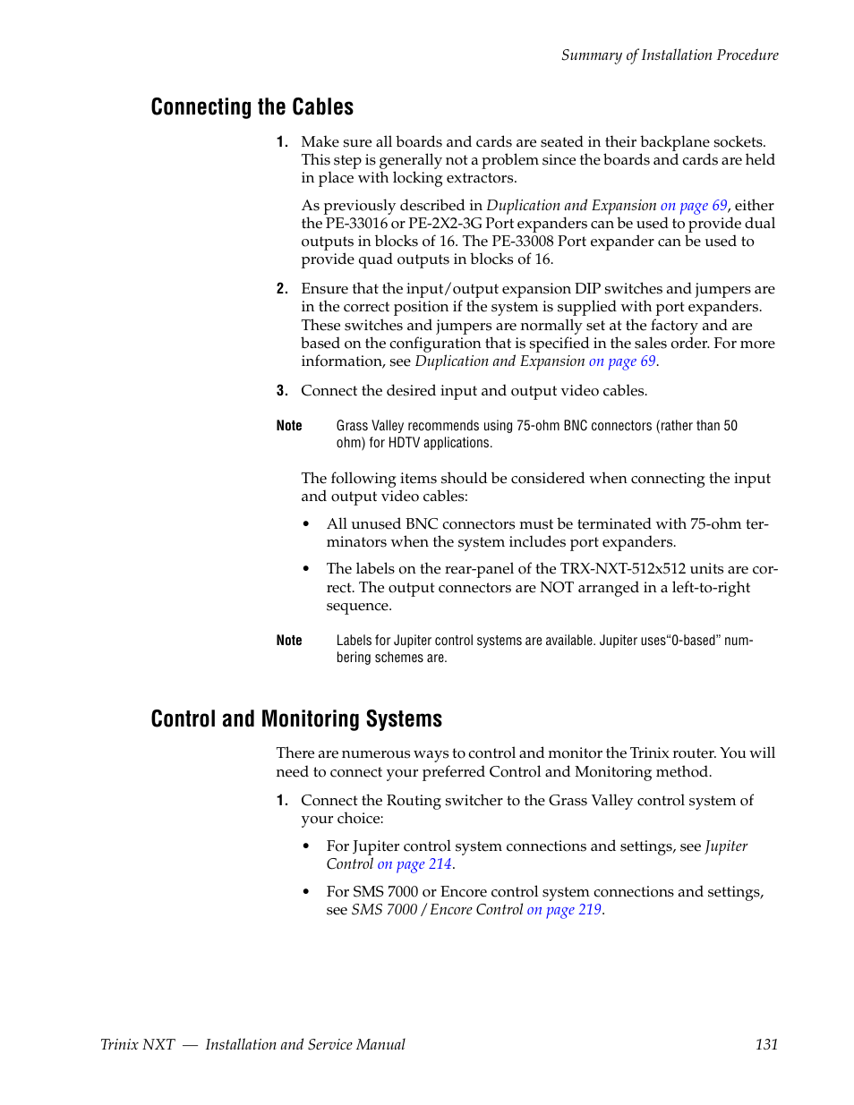 Connecting the cables, Control and monitoring systems | Grass Valley Trinix NXT v.3.3.1 User Manual | Page 131 / 453