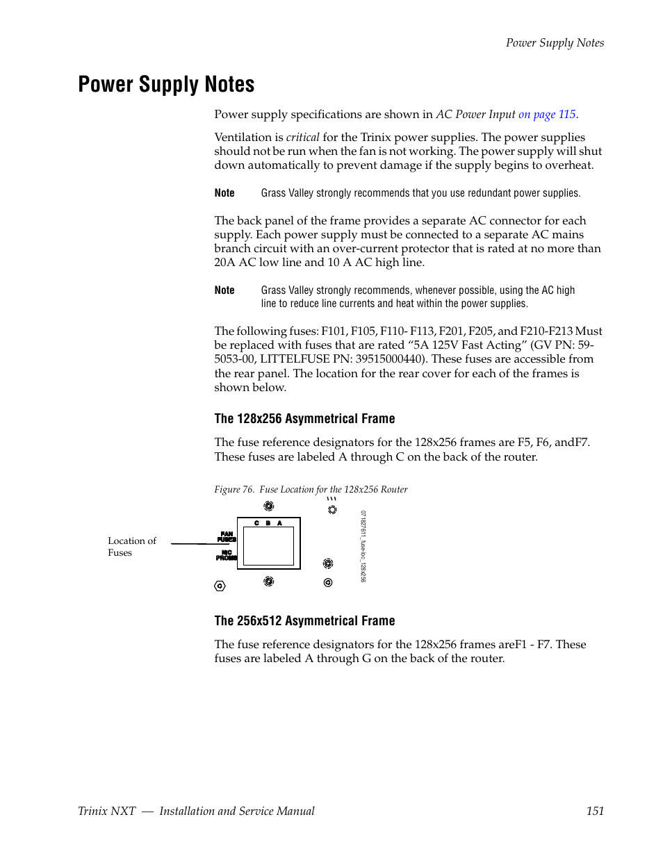 Power supply notes | Grass Valley Trinix NXT v.3.3.1 User Manual | Page 151 / 453