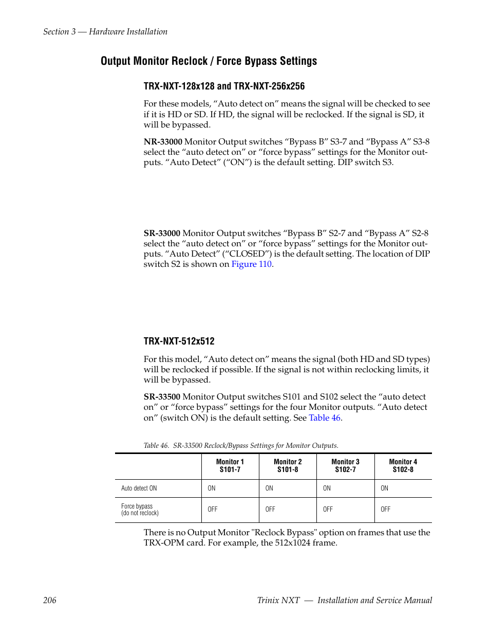 Output monitor reclock / force bypass settings | Grass Valley Trinix NXT v.3.3.1 User Manual | Page 206 / 453