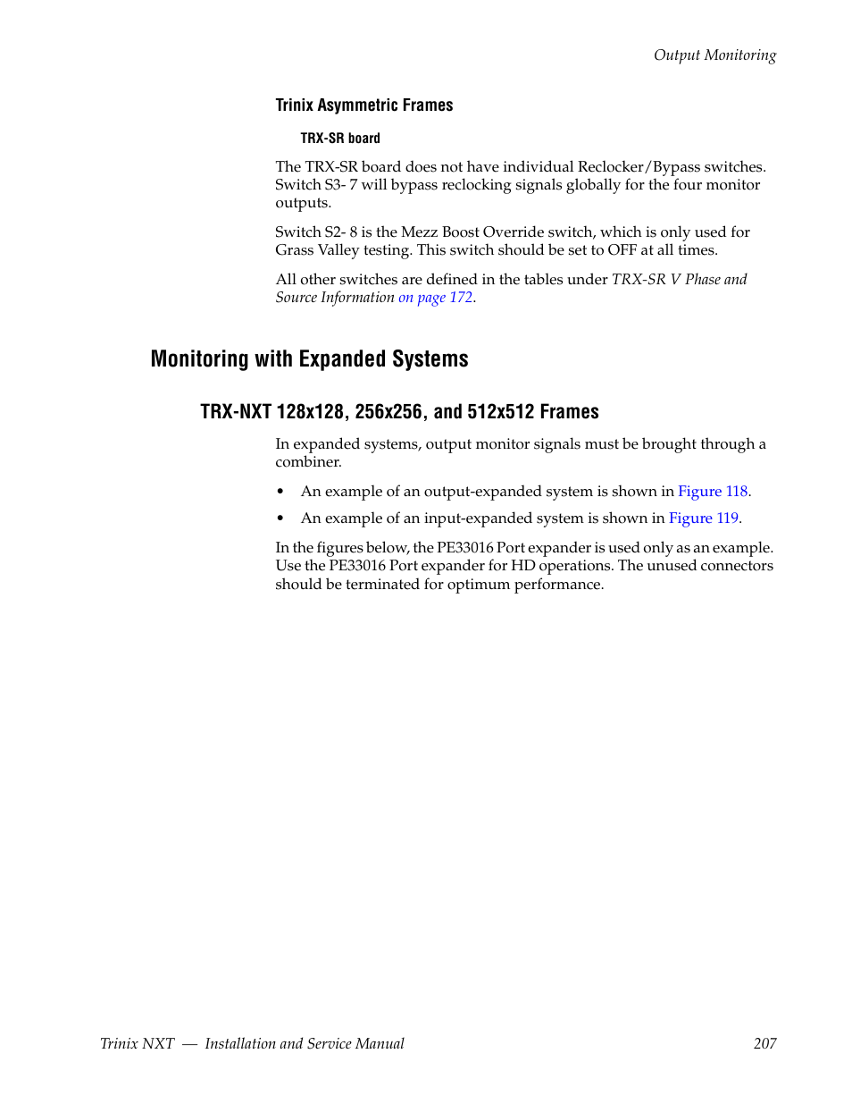 Monitoring with expanded systems, Trx-nxt 128x128, 256x256, and 512x512 frames | Grass Valley Trinix NXT v.3.3.1 User Manual | Page 207 / 453