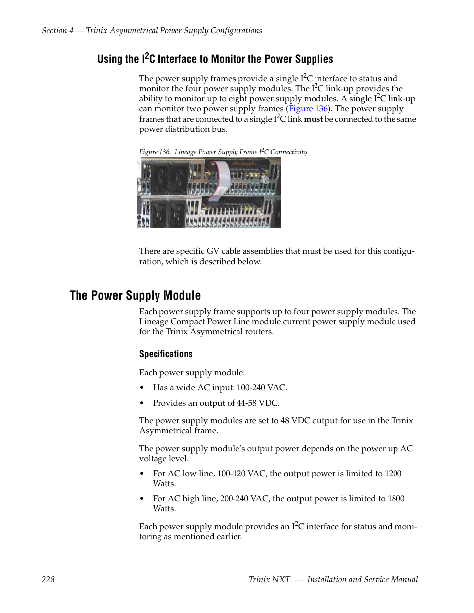 The power supply module, Using the i, C interface to monitor the power supplies | Grass Valley Trinix NXT v.3.3.1 User Manual | Page 228 / 453