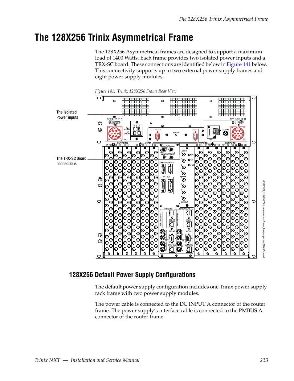 The 128x256 trinix asymmetrical frame, 128x256 default power supply configurations | Grass Valley Trinix NXT v.3.3.1 User Manual | Page 233 / 453