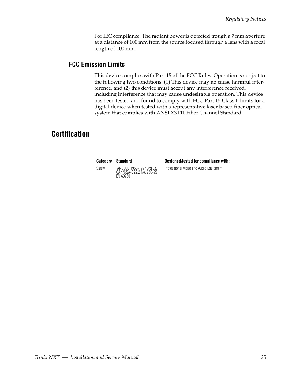 Fcc emission limits, Certification | Grass Valley Trinix NXT v.3.3.1 User Manual | Page 25 / 453