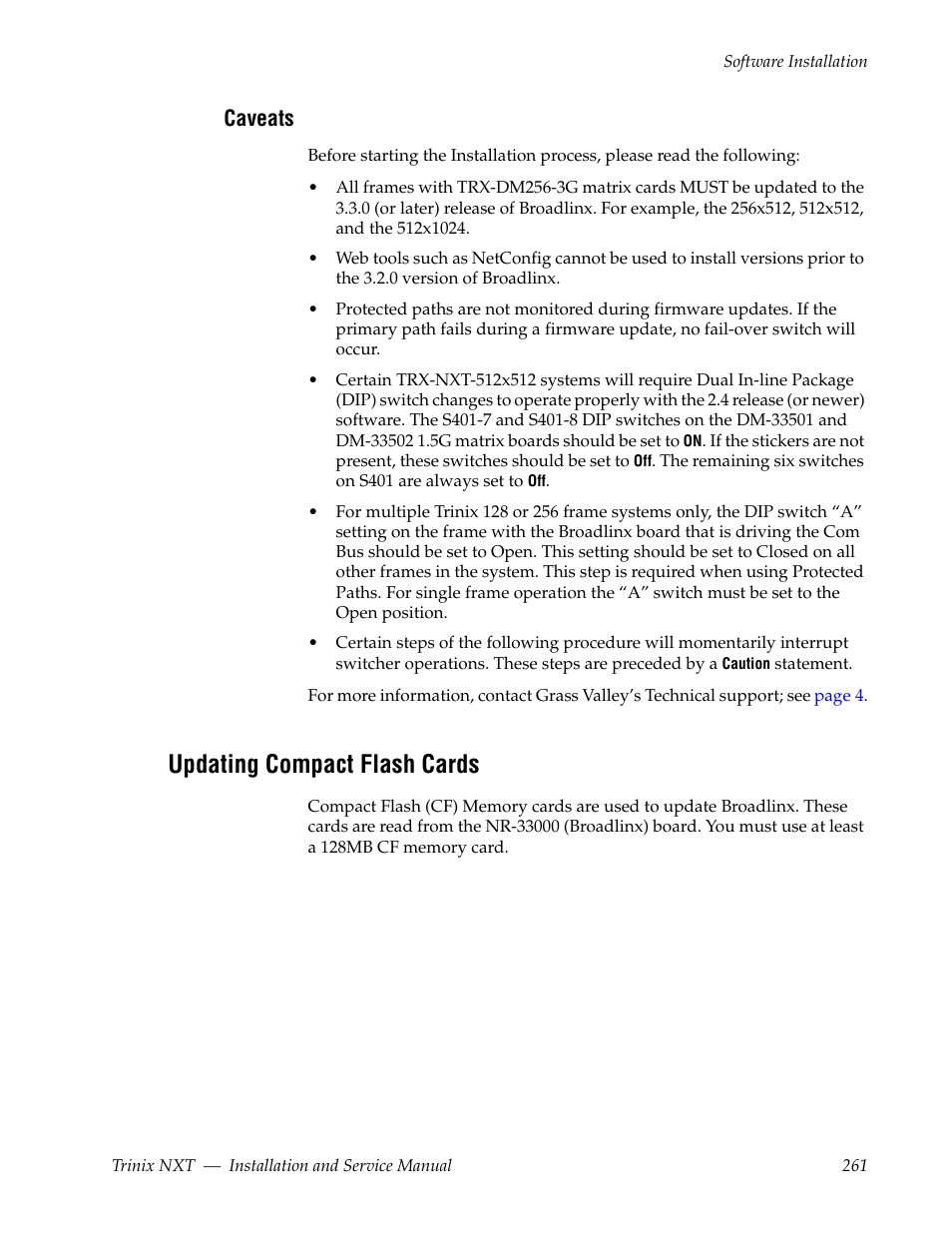 Caveats, Updating compact flash cards | Grass Valley Trinix NXT v.3.3.1 User Manual | Page 261 / 453