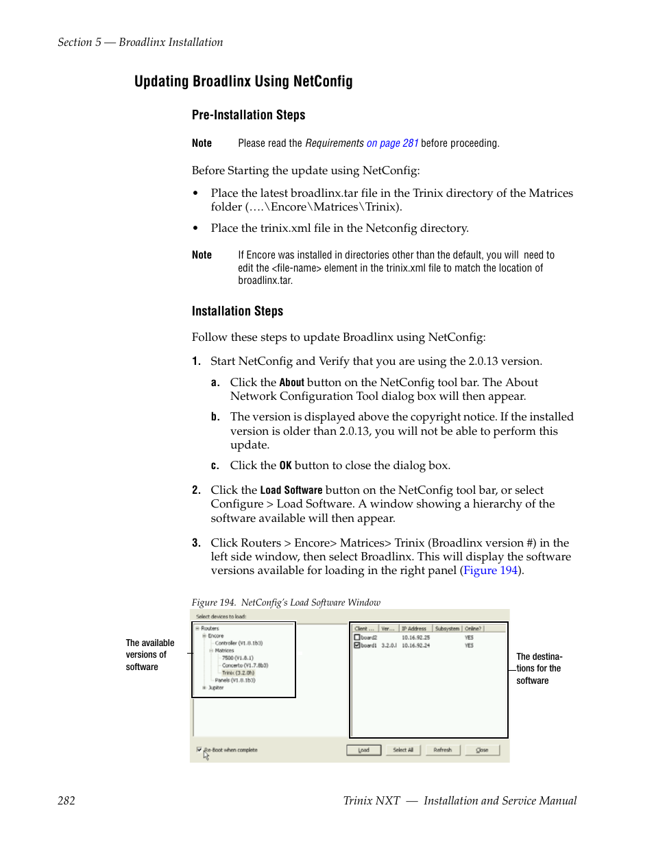Updating broadlinx using netconfig | Grass Valley Trinix NXT v.3.3.1 User Manual | Page 282 / 453