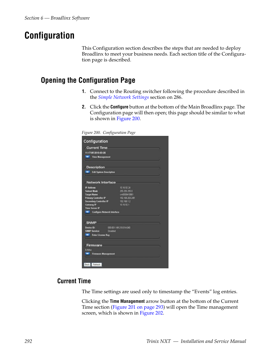 Configuration, Current time, Opening the configuration page | Grass Valley Trinix NXT v.3.3.1 User Manual | Page 292 / 453
