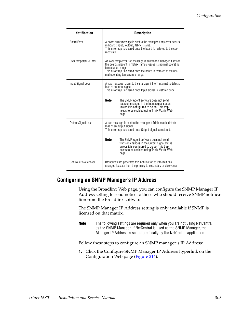 Configuring an snmp manager’s ip address, See configuring an snmp manager’s ip address, For conf | Grass Valley Trinix NXT v.3.3.1 User Manual | Page 303 / 453