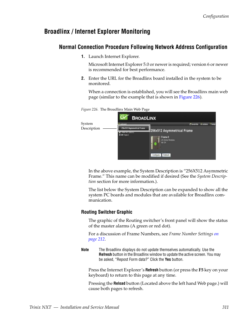 Broadlinx / internet explorer monitoring, See broadlinx / internet explorer monitoring | Grass Valley Trinix NXT v.3.3.1 User Manual | Page 311 / 453