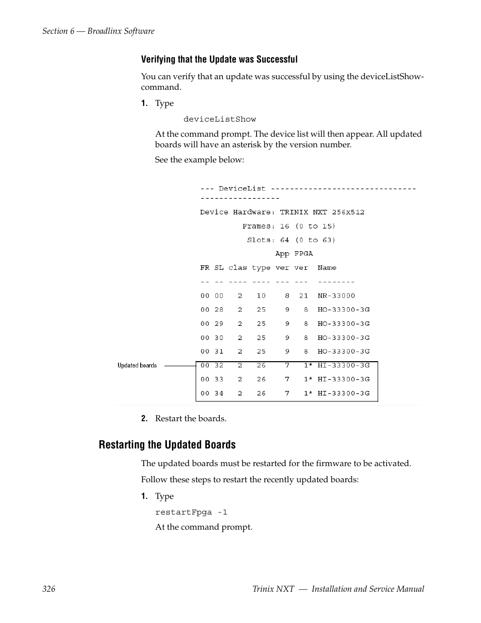 Restarting the updated boards | Grass Valley Trinix NXT v.3.3.1 User Manual | Page 326 / 453