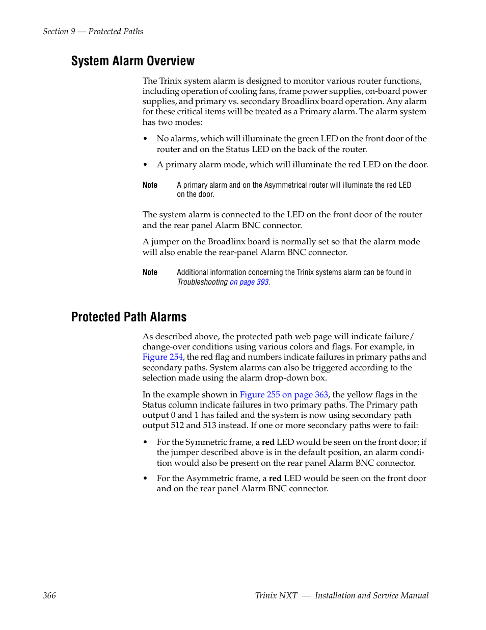 System alarm overview, Protected path alarms | Grass Valley Trinix NXT v.3.3.1 User Manual | Page 366 / 453
