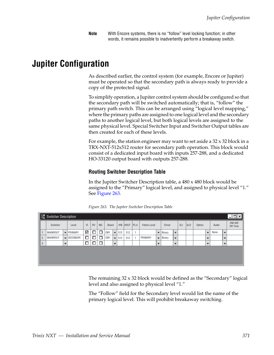 Jupiter configuration, Routing switcher description table | Grass Valley Trinix NXT v.3.3.1 User Manual | Page 371 / 453