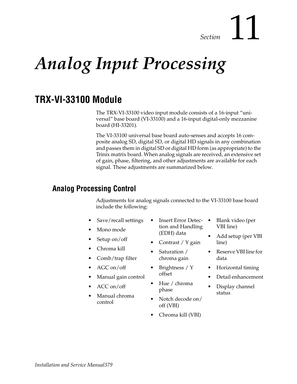 Analog input processing, Trx-vi-33100 module, Analog processing control | Section 11 — analog input processing | Grass Valley Trinix NXT v.3.3.1 User Manual | Page 379 / 453