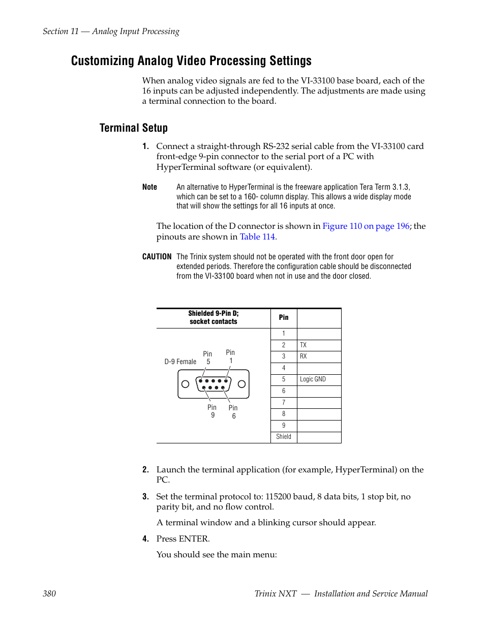 Customizing analog video processing settings, Terminal setup | Grass Valley Trinix NXT v.3.3.1 User Manual | Page 380 / 453
