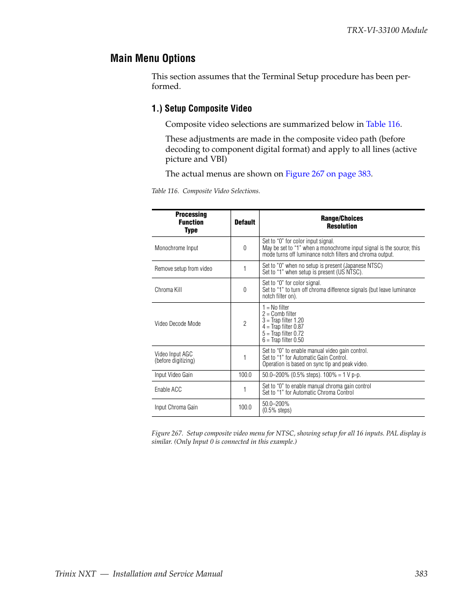 Main menu options, ) setup composite video | Grass Valley Trinix NXT v.3.3.1 User Manual | Page 383 / 453
