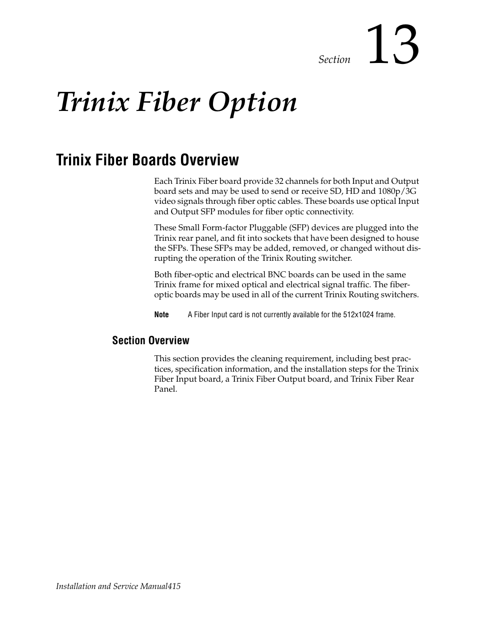Trinix fiber option, Trinix fiber boards overview, Section overview | Section 13 — trinix fiber option | Grass Valley Trinix NXT v.3.3.1 User Manual | Page 415 / 453